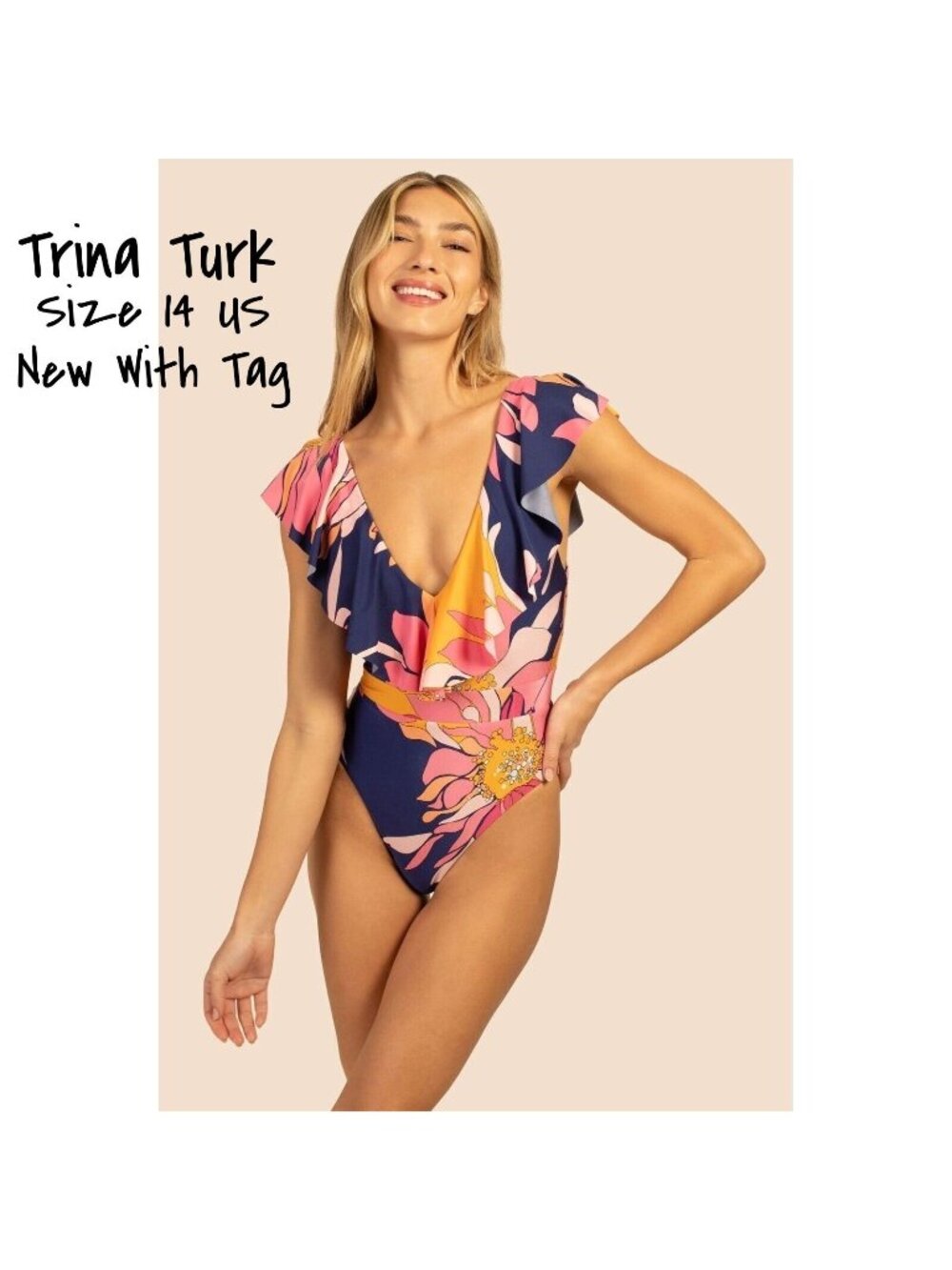 Trina Turk One Piece Swimsuit Ruffle V-Neck Tropical Size 14 US New with Tag